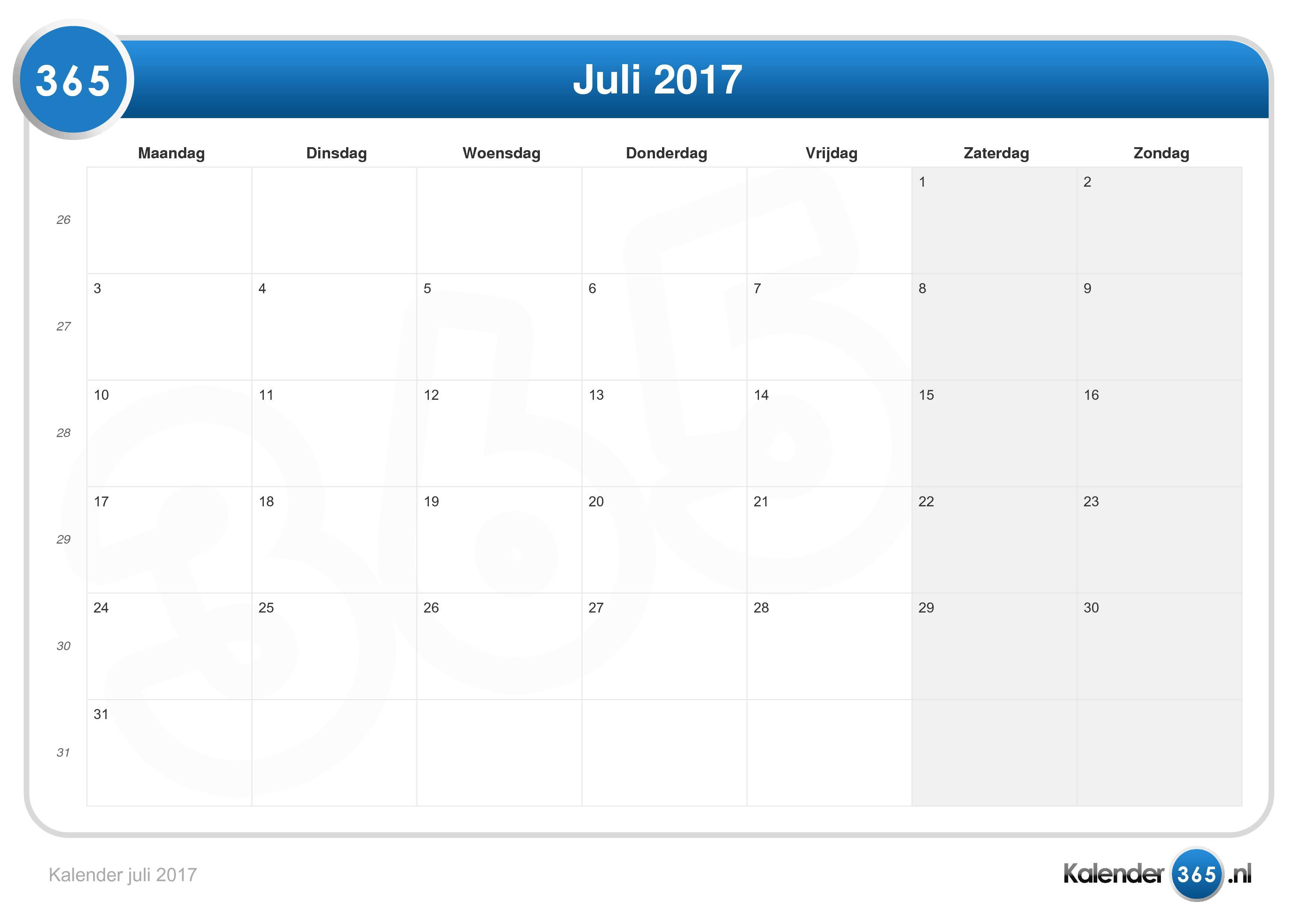 Bedienen dood cilinder Kalender juli 2017
